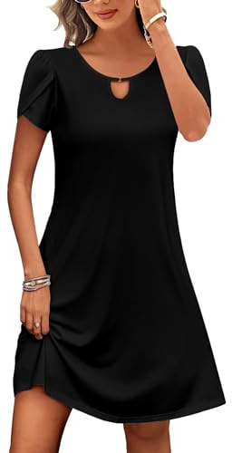 Zeagoo Femme Robe Ete Col Rond Chic Robe à Manches Courtes Robe Tunique Décontractée Robe avec Poches Noir XXL