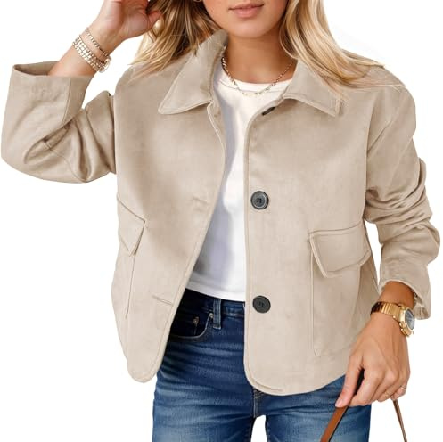 Tankaneo Womens Faux Suede Leather Jackets Casual Cropped Coats Vintage Button Down Shackets