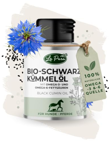 LaPura Olio di cumino nero biologico per cani e cavalli – per pelo lucido e pelle sana, supporta il sistema immunitario e la digestione, 100% naturale, spremuto a freddo, olio di barf 100 ml