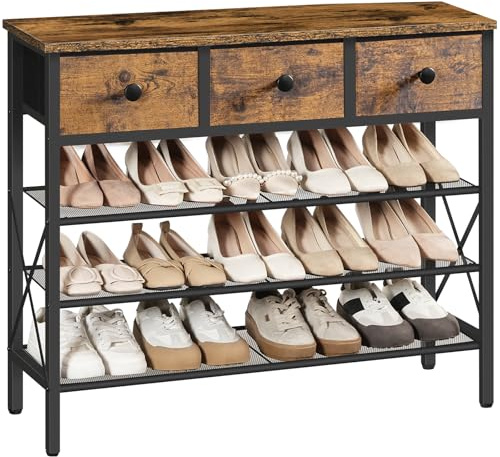 YATINEY Schuhregal, Schuhregal groß, Schuhständer mit 3 Stoffschubladen und 3 Gittern, platzsparend, für 15 Paar, für Eingang, Flur, Wohnheim, Vintagebraun und Schwarz XSS34BR