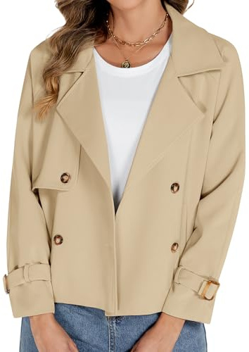 Tuopuda Kurzer Trenchcoat Damen Zweireiher Kurzmantel Übergang Trench Coat Klassische Herbst Frühling Sommermantel Leichte Damenmantel Mantel Übergangsmantel Reverskragen, Beige, S