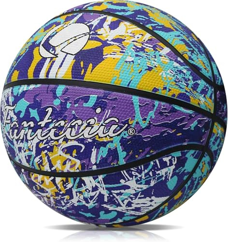 Fantecia - Pallone da basket, misura 5, con pompa, per allenamento di strada, per principianti, adolescenti e adulti (Gomma/Graffiti)