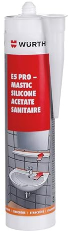 Sigillante in silicone acetato E5 PRO traslucido, 310 ml, resistente a 100 °C, per sanitari, 0,98 g/cm³, buona compatibilità con la vernice, resistente e impermeabile al bitume