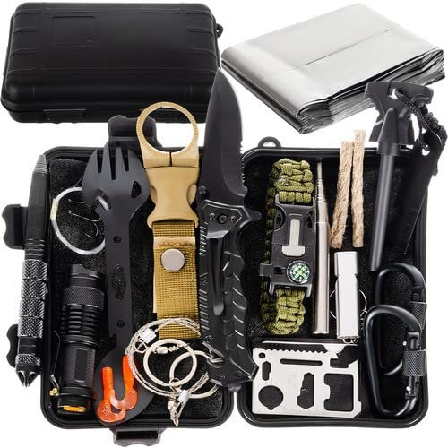 Steel Mule Kit Supervivencia 72 Horas 32 en 1 | Kit Emergencia con Linterna, Brújula, Silbato, Tarjeta Multiusos, Manta Térmica | Militar Profesional Multifuncional | Senderismo, Camping