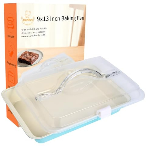 Barlket 9x13 Cake Pan with Lid and Handle, Oblong Baking Pan with Cover, Nonstick Rectangle Cake Carrier for Baking & Roasting, Transport Cakes, Brownies, Casseroles, Lasagna