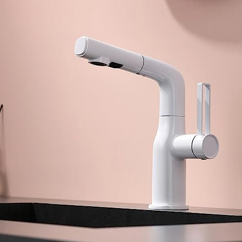 Ausziehbarer Waschtischmischer-Wasserhahn, Waschtischarmaturen mit ausziehbarer Brause, Messing, multifunktionaler, herausziehbarer Badezimmer-Mischbatterie, Weiß