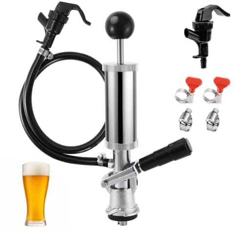 WELLBOM 4 Beer Keg Pump Draft Beer Dispenser Tap, European S System Beer Pump, Keg Hand Pump Picnic Pump with Beer Faucet & Hose, Chrome-Plated Draft Beer Party Pump with 2 Hose Clamps for Homebrew