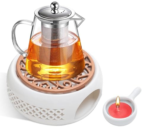 Calientaplatos para tetera de cerámica, calentador de cerámica tetera, calentador de té de porcelana, calentador de café aislante del calor para calentar té y café (blanco)