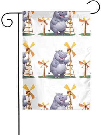 Decorazione da giardino bandiera da giardino 30,5 x 45,7 cm WHJSSF ippopotamo che gioca con mulino a vento Modello spesso e resistente all'usura per vasi da fiori da giardino e prati