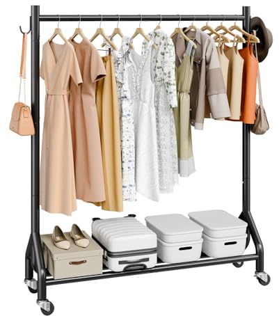 VEVOR Kleiderständer Garderobenständer rollbar mit Kleiderstange & seitlichen Haken, bis 90 kg belastbar, robuster Kleiderständer aus Karbonstahl ideal für Schlafzimmer Waschküche Wohnzimmer