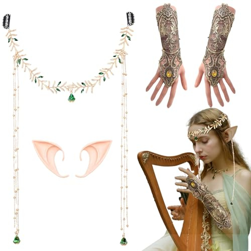 MUNSKT Renaissance-Elfen-Kostüm-Zubehör-Set, Feen-Kopfschmuck, Elfenohren, Spitzenhandschuhe, Wald, Renaissance, Halloween, Hochzeit, Brautparty, Erwachsenenkostüm, Zubehör