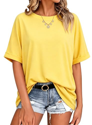 Terecey Camiseta Mujer Manga Corta Básica Cuello Redondo Suave y Cómoda Estilo Casual Oversize para Verano Primavera Diario Trabajo | Tejido suave, transpirable y elástico, estilo liso básico para verano, entretiempo, vacaciones y salidas casuales
