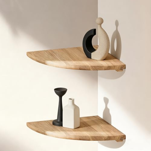 Plliocse Oak Corner Shelf Set of 2 Solid Floating Corner Shelf Wall Mounted Small Speaker Shelf With Wire Hole Shelves for Bedroom Kitchen
