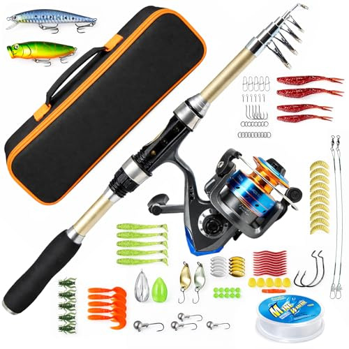 Kit de canne à pêche télescopique avec moulinet, canne à pêche en fibre de verre, kit de pêche complet avec ligne de pêche, appâts et sac de transport, kit de pêche portable pour voyage en eau douce