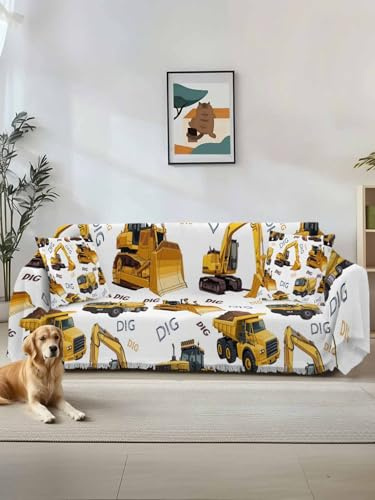Construction Truck Couch Cover for 2 Cushion Couch, Cartoon Grips and Bulldozers Stirrup Car Washable Love Seat Sofa Covers Slipcover, Throw Sofa Covers for Pets, Furniture Protector 71x102