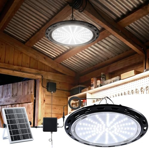 FabStyl Solar Shed Light Indoor Outdoor, 2000LM Solar Pendant Light Daytime Available Pull Cord with 2 Brightness Modes, IP65 Waterproof Ceiling Lamp for Barn, Garage, Shop, Gazebo