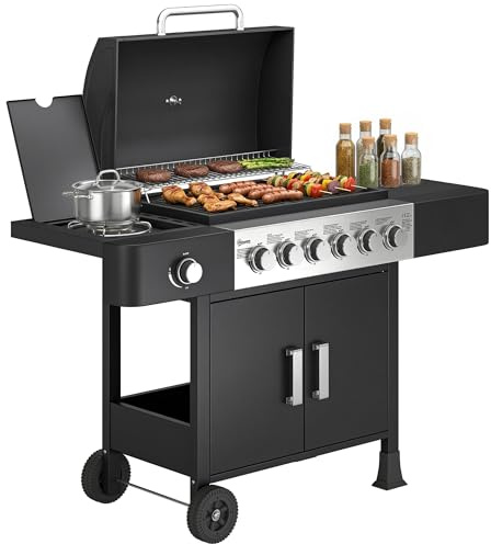 Outsunny Barbecue à gaz 6+1 brûleurs, chariot portable avec roues, grille de maintien au chaud, thermomètre intégré, étagères latérales, placard, couvercle, noir