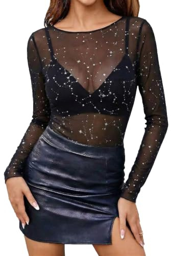 Nivarela Damen Oberteil Mesh Langarm Boat Neck Transparent Sexy | Damen Sexy Netzoberteil,Sheer Lange Ärmel,Tüll Mesh T-Shirt,Figurbetont,Outfit für den Nachtclub,Party,Festival