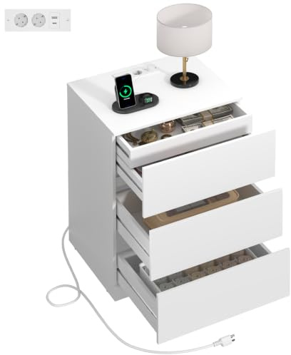 Nachttisch mit Steckdosenleiste, Versteckter Schublade, 4 Schubladen, Weiß | Beistelltisch, mit 2 AC-Steckdosen, 1 USB-A-Anschluss, 1 USB-C-Anschluss, Modern, EU25NS661W