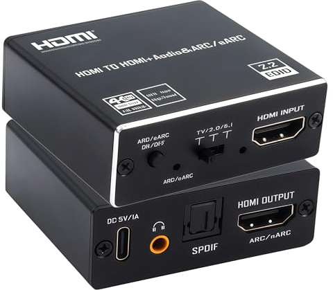 HDMI ARC Audio Extractor Converter 4K & eARC Converter Support HDMI to Optical SPDIF + 3.5mm AUX Jack Stereo Audio Adapter Splitter with HDCP2.2 Digital PCM DTS 5.1CH Stereo for Laptop Consoles