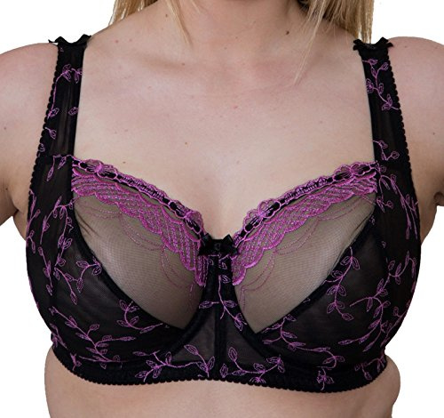 Gemm Ladies Black Pink Large Bosom Semi Sheer Lace Underwired Firm Bra Plus Size Cup (34 F, Black/Pink)