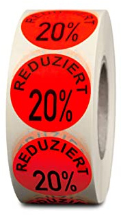 HUTNER Aktionsetiketten Reduziert 20% ø 32mm leucht-rot permanent 10.000 runde Aufkleber, Haftetiketten, runde Etiketten