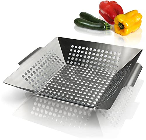 Amazy Grillkorb – Anti-Haft BBQ Grillschale aus Edelstahl für die Zubereitung von Gemüse, Fisch und Fleisch auf dem BBQ Holzkohlegrill, Gasgrill oder im Backofen, 30 x 30 x 6cm