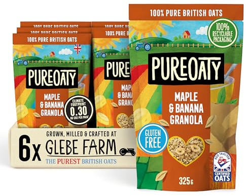Glebe Farm Gluten Free PureOaty Maple & Banana Oat Granola 6PK, Healthy Wholegrain Oats To Help Lower Cholesterol, 100% British Oats, Vegan & High In Fibre, Delicious Granola Cereal, 6x 325g