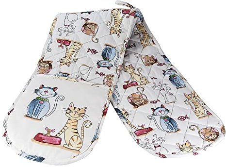 SPOTTED DOG GIFT COMPANY Double Oven Gloves Heat Resistant Oven Gloves, Mitts Potholder for Home Cooking & Baking, Cute Cat Themed Kitchen Accessories Gifts for Cat Lovers Women Men