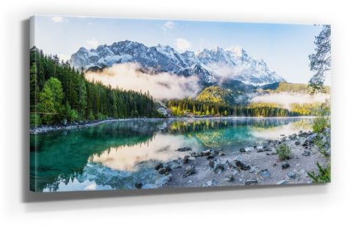 Atemberaubendes Bergbild auf Leinwand - Eibsee, Zugspitze - als 120x60cm großes XXL Leinwandbild. Wandbild als Hintergrund und Deko für Wohnzimmer & Schlafzimmer. Aufgespannt auf Holzrahmen