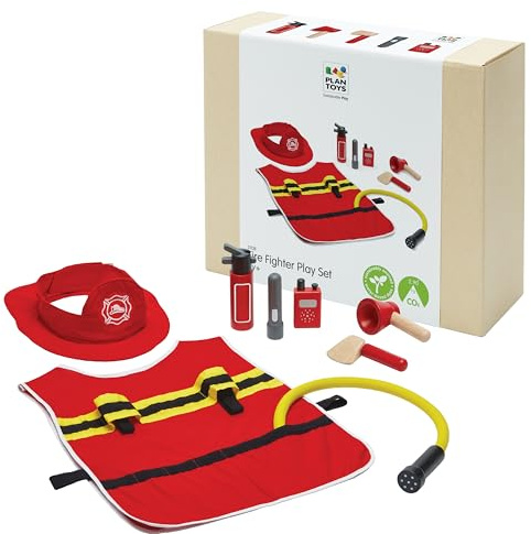 PlanToys Feuerwehrmann Spielset - Feuerwehr Kostüm Kinder - inkl. Feuerwehrhelm Kinder und Feuerwehr Zubehör aus Holz - Feuerwehr Geschenke Kinder
