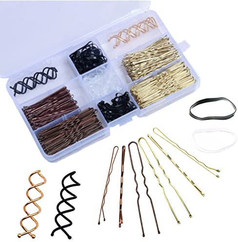 356PCS Bobby Pin Set - 100 U Shape, 100 Wave Clips, 150 Elastic Bands, 6 Spiral Pins - Hair Grips Styling Set for Women Girls With Clear Box
