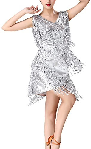 SEAUR - Falda de baile para mujer, tango latino, danza del vientre, bufanda de cadera, falda con flecos, vestido de baile de salón para fiesta y club, plata, L