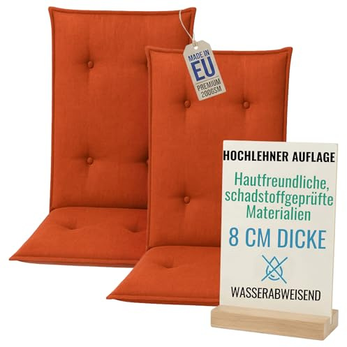 Pillows24 Hochlehner Auflagen 2er Set 120x50x8cm, Wasserabweisend & UV-fest | Premium-Material 200gsm, Extra dicke Polsterung 8 cm, Sitzauflagen Hochlehner, Sitzkissen Gartenstuhlauflagen, Orange