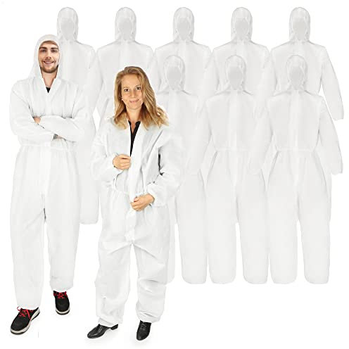 com-four® 10x Schutz-Anzug mit Kapuze und Reißverschluss - einlagiger Maler-Overall One-Size - Körpergröße von 160 bis 200 cm - Schutzkleidung zum Malern und Renovieren (10 Stück - weiß)
