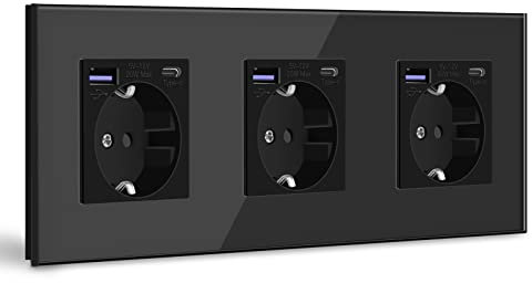 BSEED Schuko Steckdose mit USB C 20W Schnellladegerät USB Type C Wandsteckdose mit Glas Panel, 3 Fach Steckdose, USB Steckdose Unterputz, Einbausteckdose Geeignet für Phone, Pad, MP3 und mehr-Schwarz