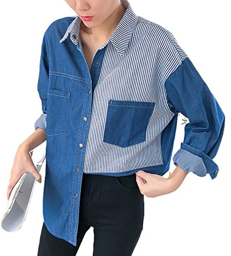 Denim Shirt for Women UK - Casual Tunic Tops Long Sleeve Button Down Denim Shirts with Pockets, Colour Block Shakets, Jean Tops, Summer Jackets (DarkBlue, L)