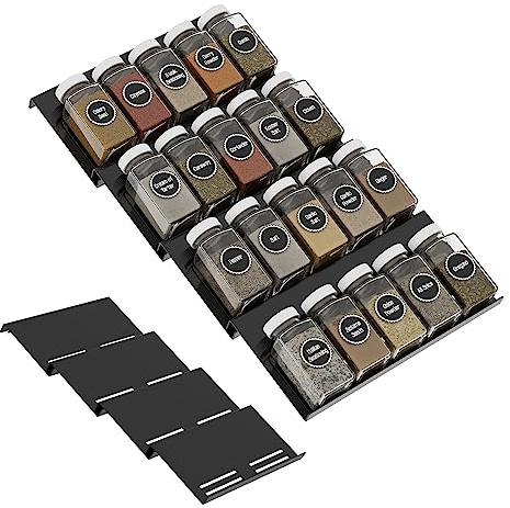 Buwico Gewürzhalter Schublade, Verstellbar Erweiterbar 4 Ebenen Gewürzregal Organizer von 15cm bis 30cm, Gewürze Aufbewahrung Frei Kombinierbare Gewürzregale für verschiedene Schubladen Schwarz