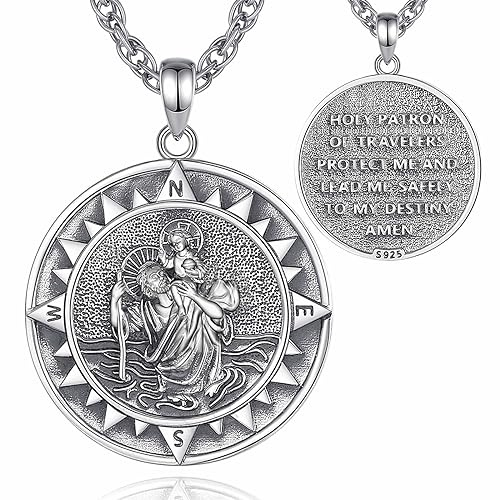 CELESTIA Sterling Silver Saint Christopher Halsband för Herr Dam Saint Christopher Kompass Hänge Skydd Smycken Talisman Katolska Kristna Gåvor för Hane Fars Dag