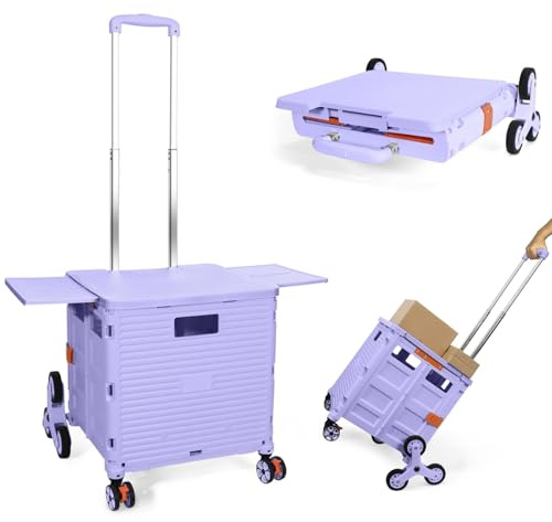 Carrito de Compras Plegable,Carro Portátil Plegable con Ruedas para Subir Escaleras, Cesta Compacta con Tapa Magnética, Carrito Rodante con Mango Telescópico, Ligero y Resistente hasta 80KG-Púrpura