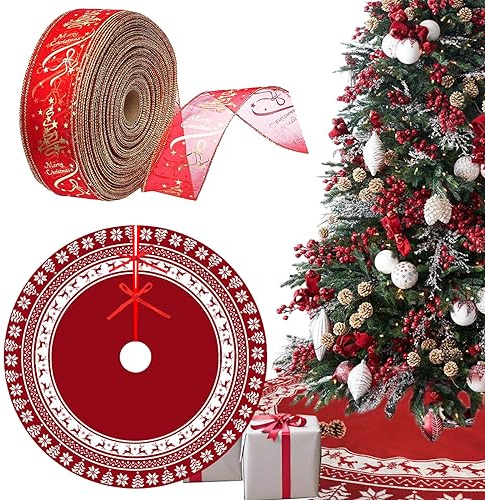 Biluer Jupe Arbre de Noël,120cm Tapis de Sapin de Noël 1PCS Wapiti Vintage Couveture d'arbre de Noël Rouge Christmas Tree Skirt Ronde con 1 Volume Rubans de Noël pour Fête Arbre de Noël Décoration