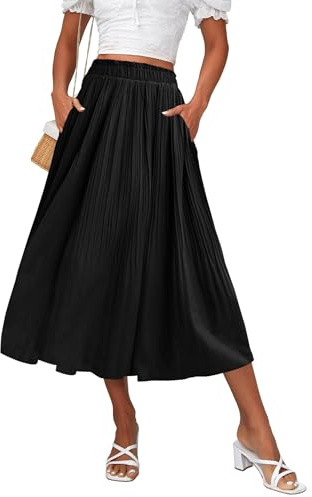 Hotouch Damen Rock Polka Dot Elastische Taille Faltenrock Sommer Chiffon Midi Rock Swing Elegant Plisseerock mit Taschen