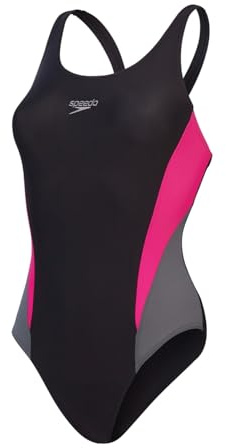 Speedo Bañador de 1 Pieza 2.0 con Bloques de Color | Traje de baño de Entrenamiento | Tacto Suave | Fitness en el Agua Traje de baño para Mujer, Negro/Gris Marengo Estadounidense/Rosa eléctrico, 40