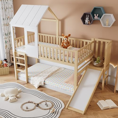 Soweiz Cama con techo y ventana, litera con escalera en ángulo recto y tobogán, cuna con protección contra caídas y rejilla, marco de pino, natural+blanco (90 x 200 cm)