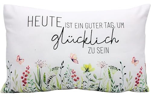 Dekohelden24 Zierkissen - Kuschel Kissen mit Wiese/Dekokissen - Kopfkissen - Heute ist guter Tag, um glücklich zu Sein - L/B/H ca. 40 x 13 x 23 cm, 100% Baumwolle