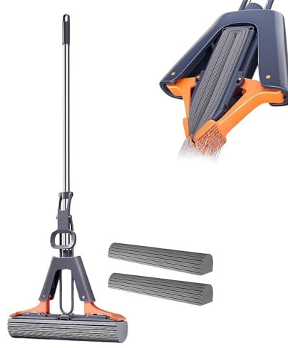 Trapeador exprimible, Trapeador de esponja con rodillo,Fregona Rodillo para Piso con Mango Ajustable en Esponja PVA | 2 recambios de cabezal de esponja incluidos, fregona enrollable absorbente con ori