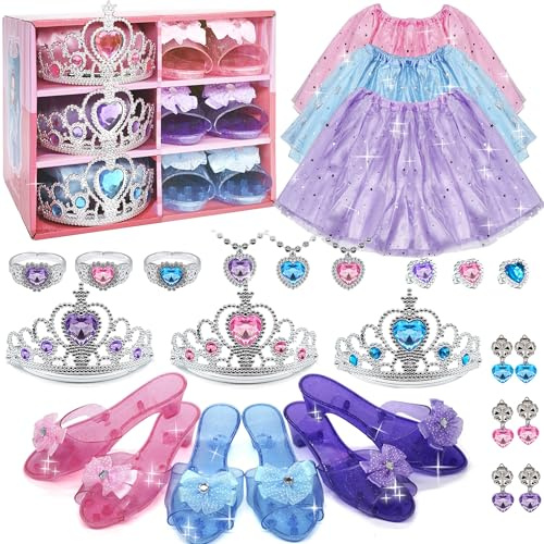 Princess Dress Up for Girls - Toddlers Clothes with Skirts, Shoes, Crown & Play Jewelry, Princess Costume Toys for Girls Age 3,4,5,6 Year Old, Kids Shoes Role Play Gift Idea for Birthday Christmas