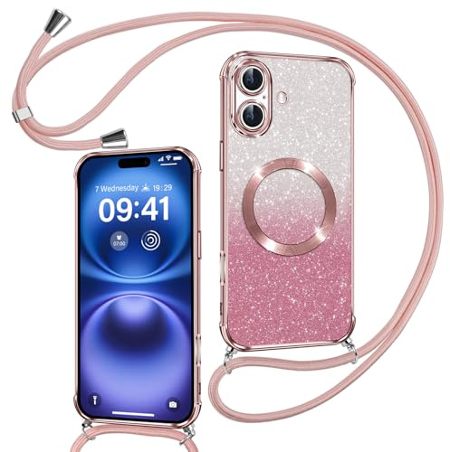 Phoona Cover Magnetica Glitter per iPhone 16 con Cordino, Rosa