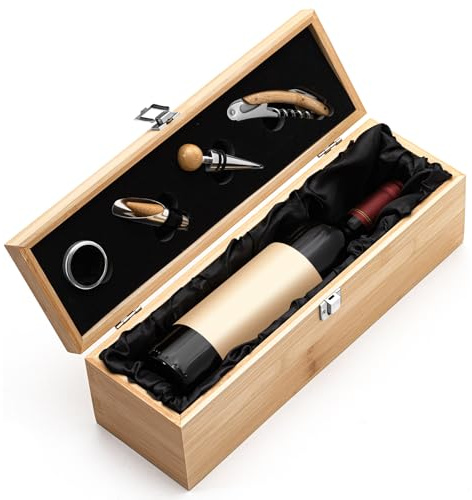 Teenyyou 1 Pc Vintage Wooden Wine Gift Box with 4 Accessories, Retro Single Bottle Case, Elegant Present for Father's Mother's Day Thanksgiving Housewarming Wedding Christmas (Bamboo,Natural Wood)