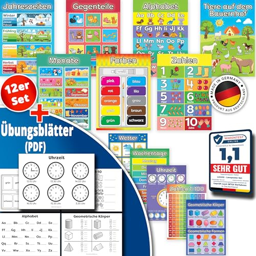 LOGIJO® 12 X pädagogische Montessori Lernposter, Set A4 mit Übungsblättern, Premium Poster Papier seidenmatt, Lerngrundlagen 1 - Alphabet, ABC, Zahlen lernen, Lernhilfe für Kinder der Vor- Grundschule